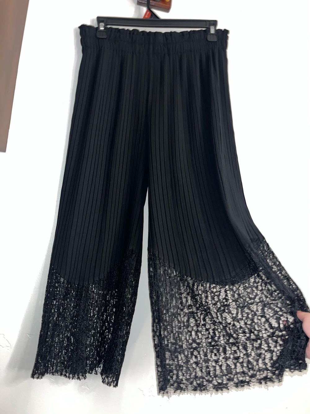 Black Pleated Wide-Leg Pants with Lace Hem Trim